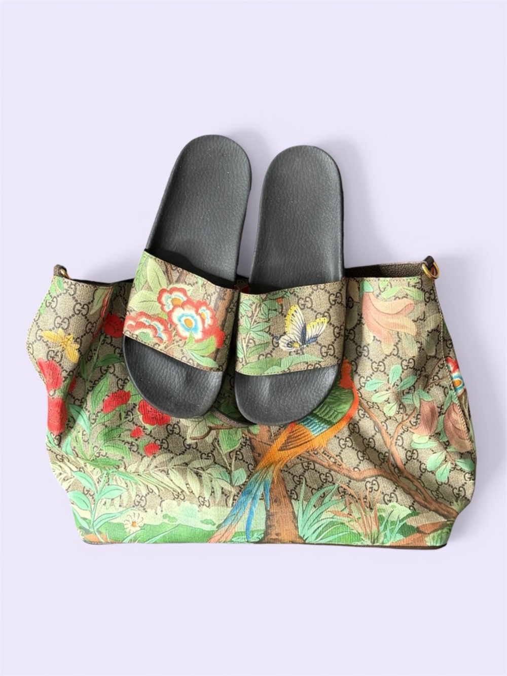 Gucci Beige Floral & Butterfly Monogram Slide Sandals with Black Footbed